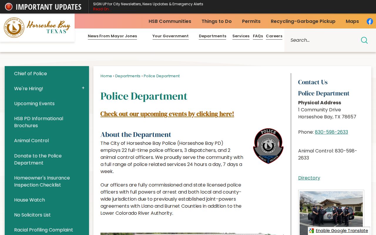 Llano County Horseshoe Bay Police arrest records page