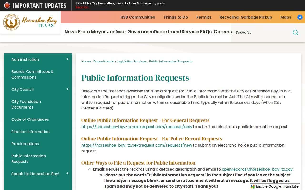 Llano County Horseshoe Bay public-information arrest record request page