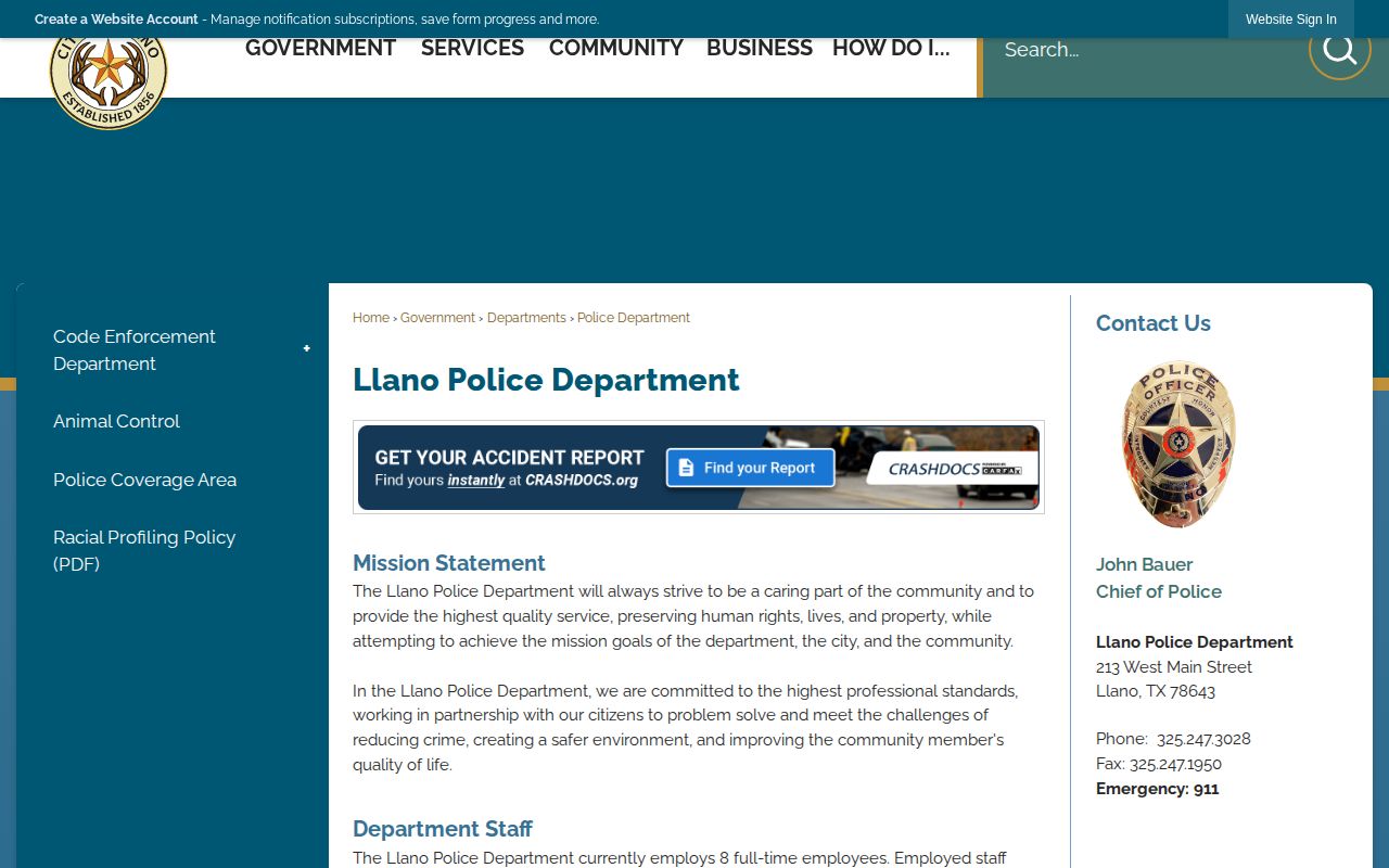 Llano County booking record source, Llano Police Department official page