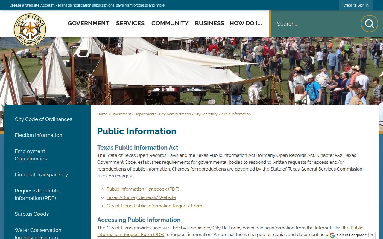 Llano County booking record request source, Llano public-information page