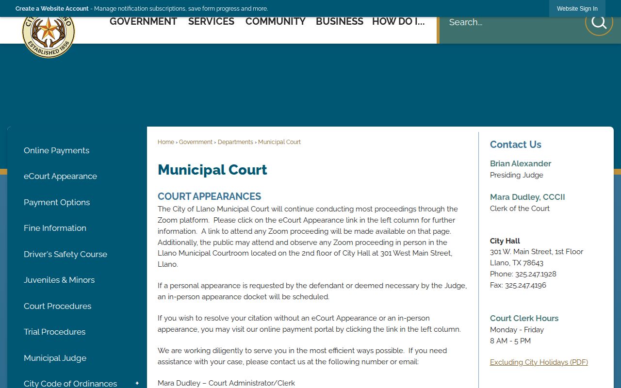 Llano County booking record disposition source, Llano Municipal Court page