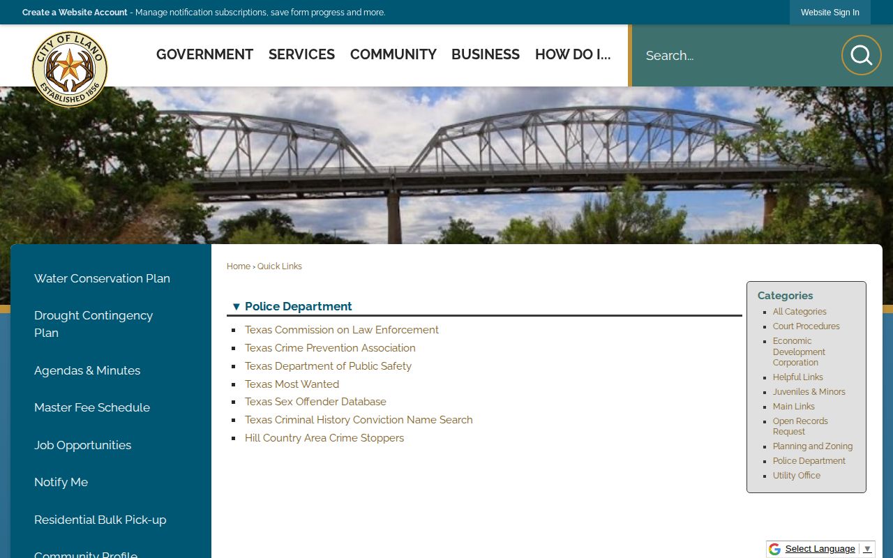 Llano County booking record source, Llano Police quick-links page