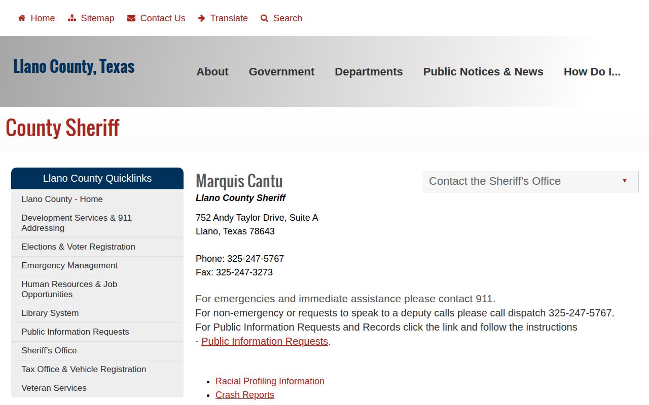 Llano County Sheriff booking record and custody contact source