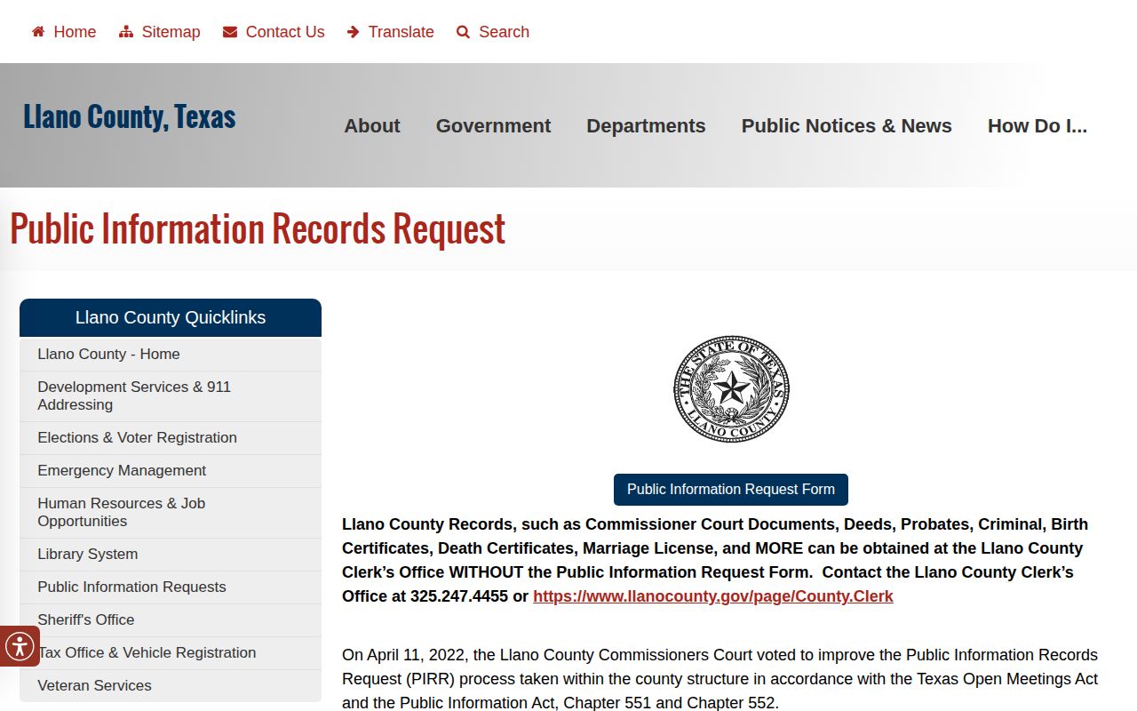 Llano County booking record public information request source