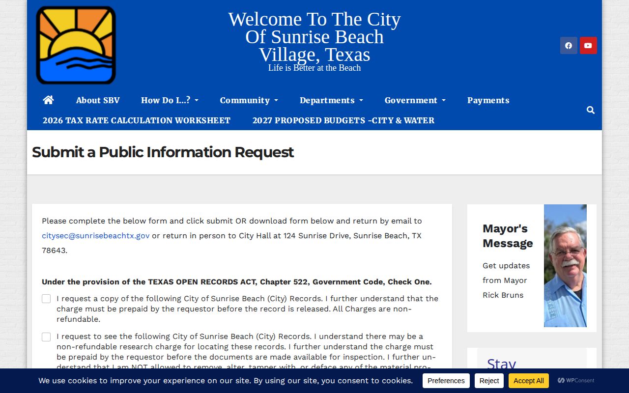Sunrise Beach Village public-information form for police arrest records in Llano County